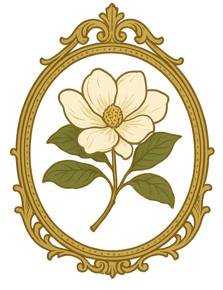 Elegant magnolia flower framed in a vintage gold oval frame.
