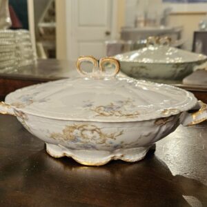 Antique Haviland Limoges Porcelain Covered Tureen with Gold Bow Handle
